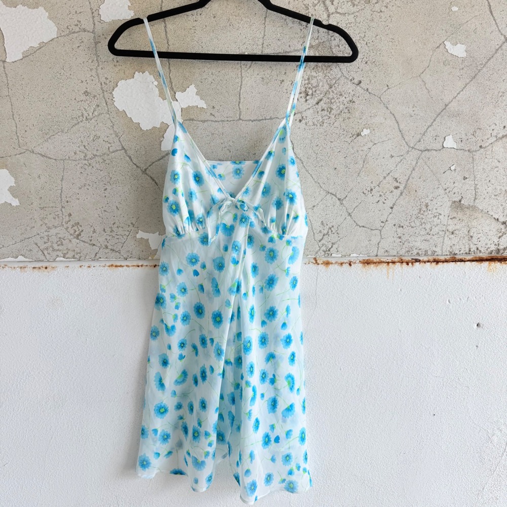 Y2K Babydoll Slip Dress Set String Bikini Blue Floral Sheer Chemise Lingerie NEW
